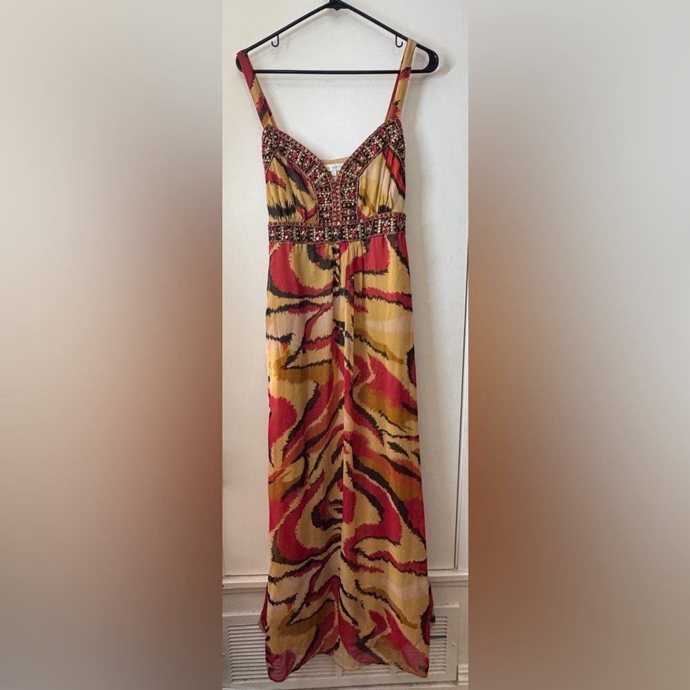 NWT Vintage Y2K Rocha. John Rocha Beaded Red Cream Sleeveless Slip Maxi Dress 14